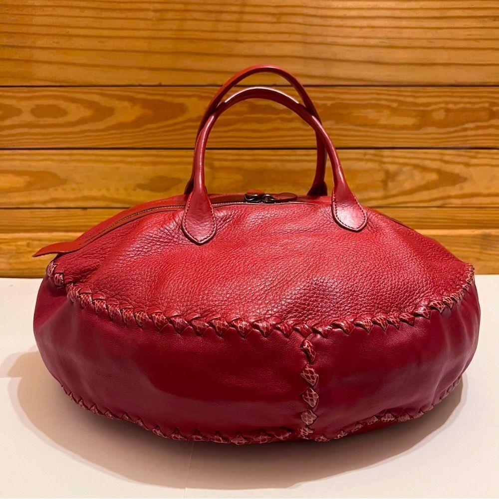 Authentic Bottega Veneta Large Brick Red Cervo Disc Boho Bag Intrecciato-Trimmed